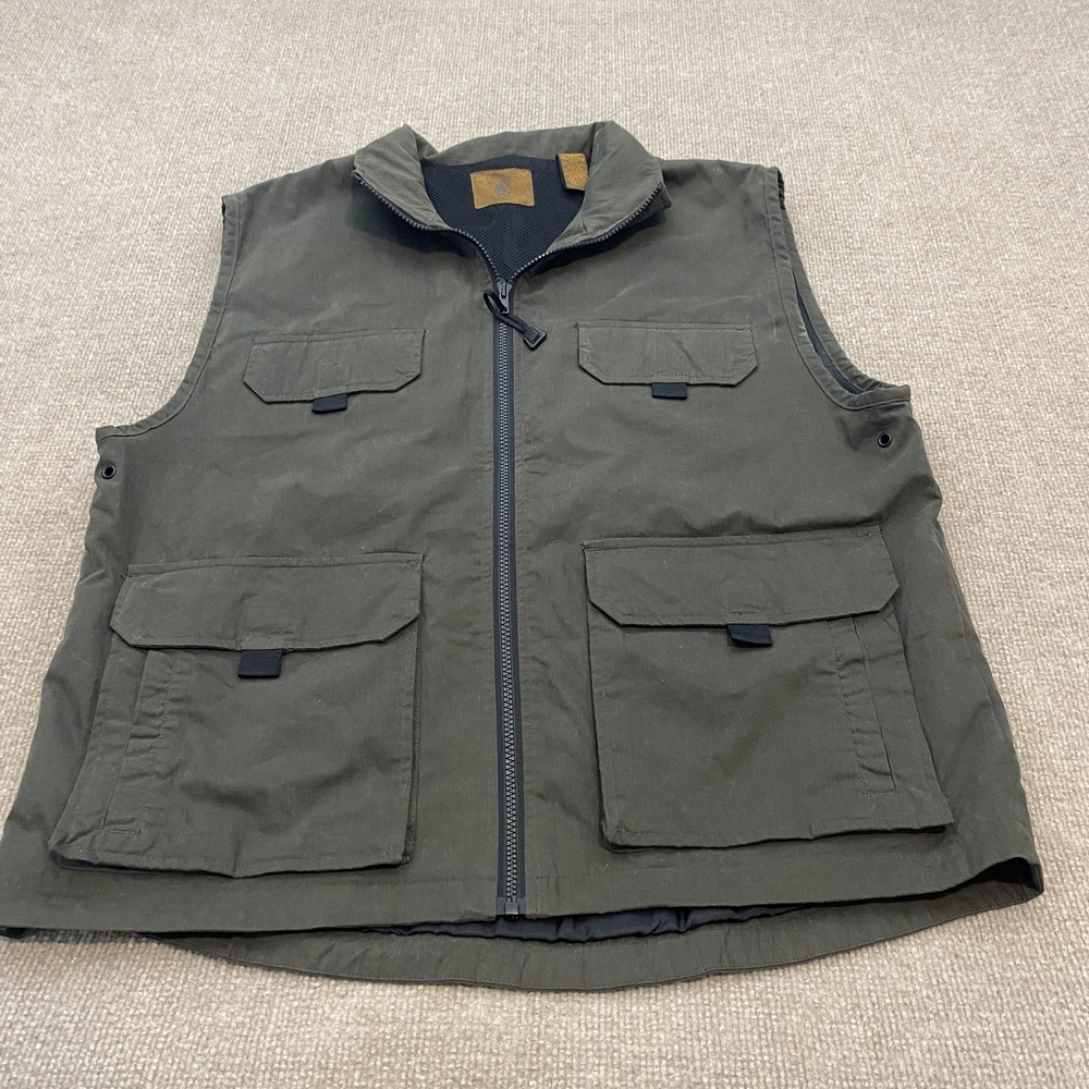 VTG St Johns Bay Vest Mens L Green Canvas Quilted Lined Utility Pockets Outdoor